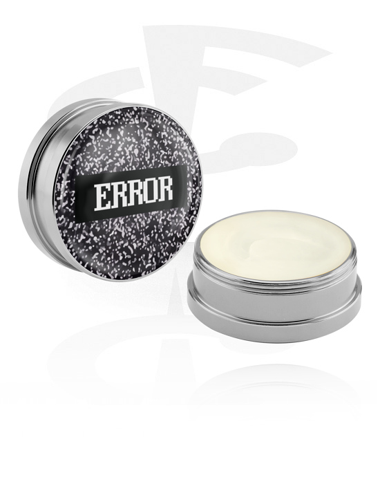 Cleansing and Care, Conditioning Creme and Deodorant for Piercings with "Error" lettering, Aluminium Container