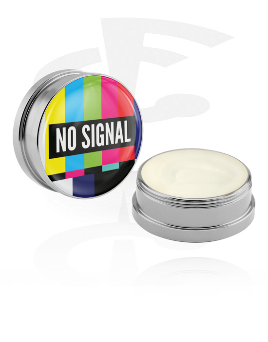 Cleansing and Care, Conditioning Creme and Deodorant for Piercings with "no signal" lettering, Aluminium Container