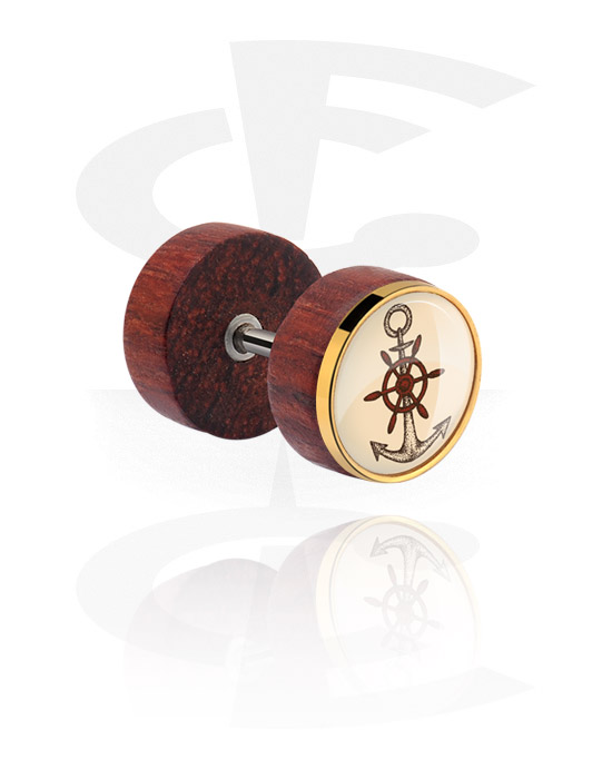 Fake Piercings, Fake Plug with steel inlay, Mahogany Wood, Surgical Steel 316L