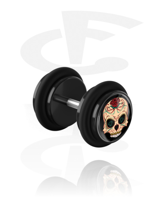 Fake Piercings, Fake Plug with skull design, Acrylic, Surgical Steel 316L