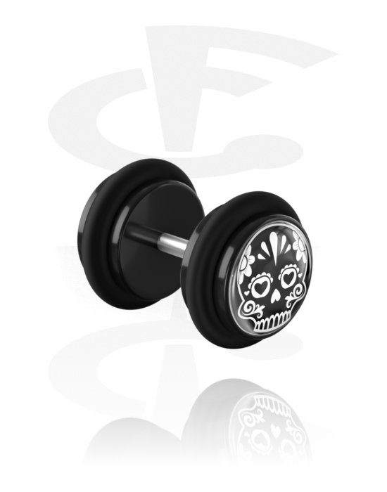 Fake Piercings, Fake Plug with skull design, Acrylic, Surgical Steel 316L
