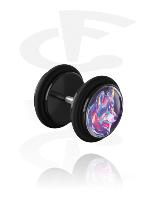 Fake Piercings, Fake Plug with Neon Wolf Design, Acrylic, Surgical Steel 316L