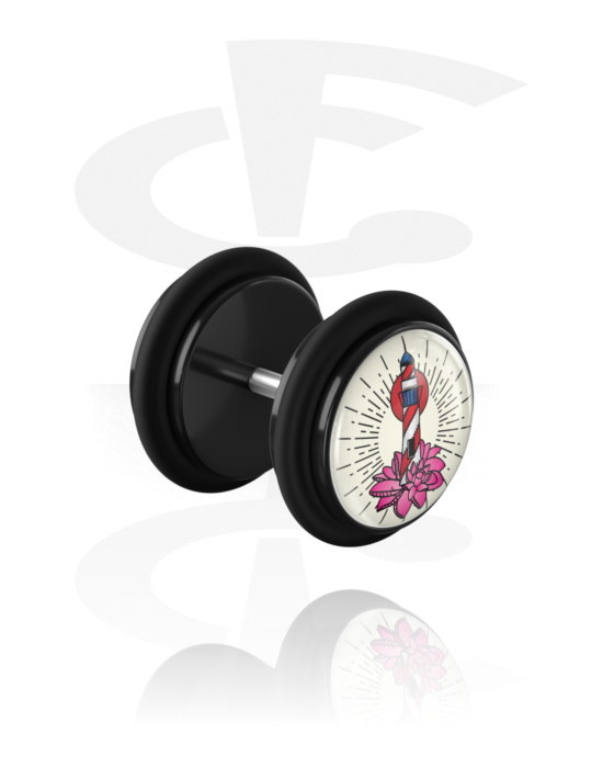 Fake Piercings, Fake Plug with Vintage Tattoo Design, Acrylic, Surgical Steel 316L