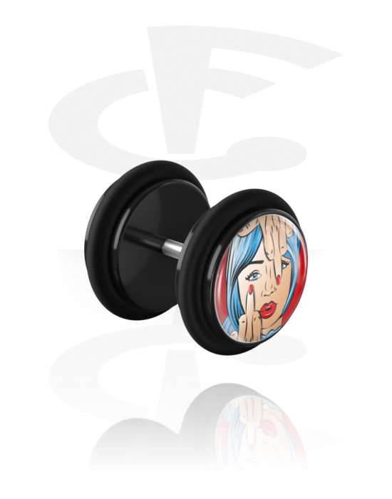 Fake Piercings, Fake Plug with Comic Design and O-rings, Acrylic, Surgical Steel 316L