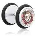 Falošné pírsingové šperky, Falošný plug s Motív vlk, Akryl, Chirurgická oceľ 316L