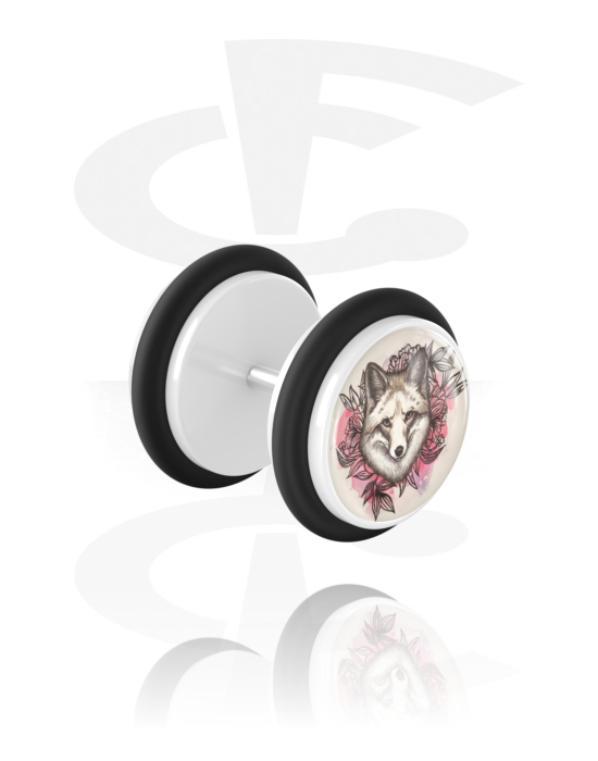Fake Piercings, Fake Plug with wolf design, Acrylic, Surgical Steel 316L