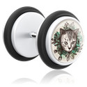 Faux piercings, Faux plug avec motif chat, Acrylique, Acier chirurgical 316L