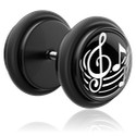 Faux piercings, Faux plug avec motif note de musique, Acrylique, Acier chirurgical 316L
