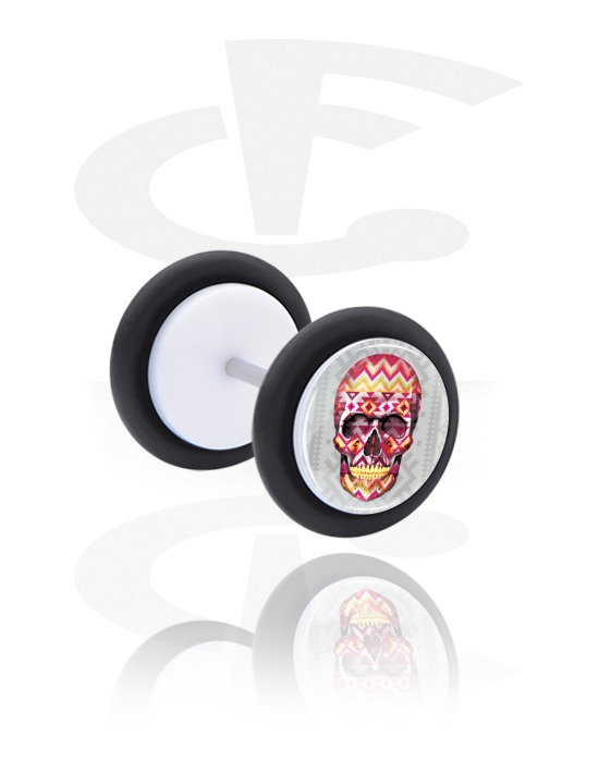 Fake Piercings, White Fake Plug with skull design, Acrylic, Surgical Steel 316L