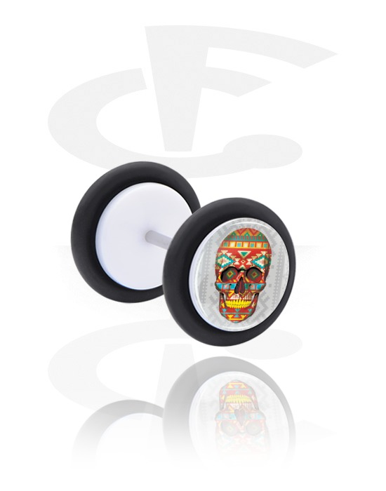 Fake Piercings, White Fake Plug with skull design, Acrylic, Surgical Steel 316L