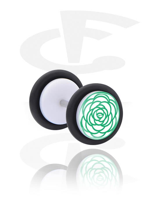 Fake Piercings, Fake Plug with green Design, Acrylic, Surgical Steel 316L