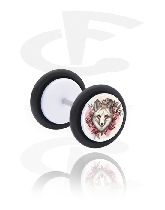 Fake Piercings, Weißer Fake Plug mit Wolf-Design, Acryl