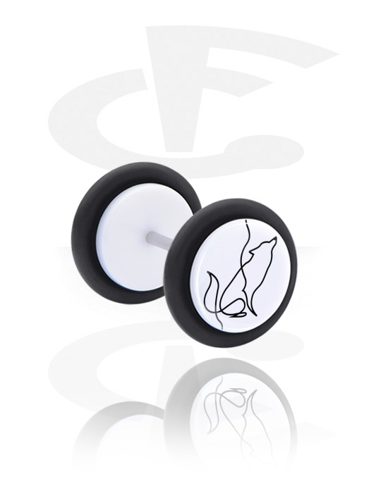 Fake Piercings, White Fake Plug with One Line Animal, Acrylic, Surgical Steel 316L