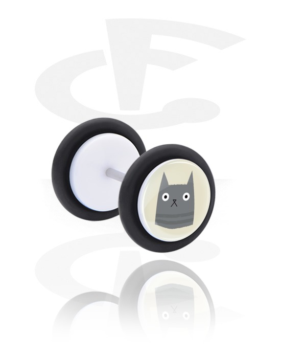 Fake Piercings, White Fake Plug with cat design, Acrylic, Surgical Steel 316L