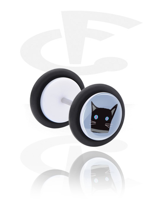 Fake Piercings, White Fake Plug with cat design, Acrylic, Surgical Steel 316L