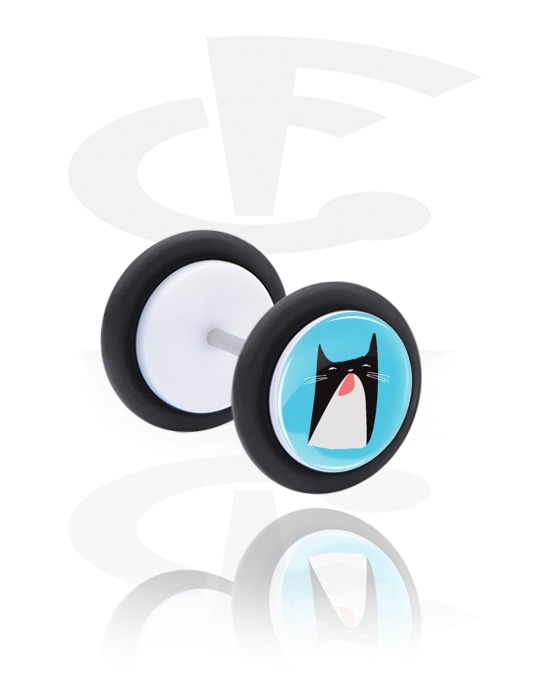 Fake Piercings, Weißer Fake Plug mit Katzen-Design, Acryl, Chirurgenstahl 316L