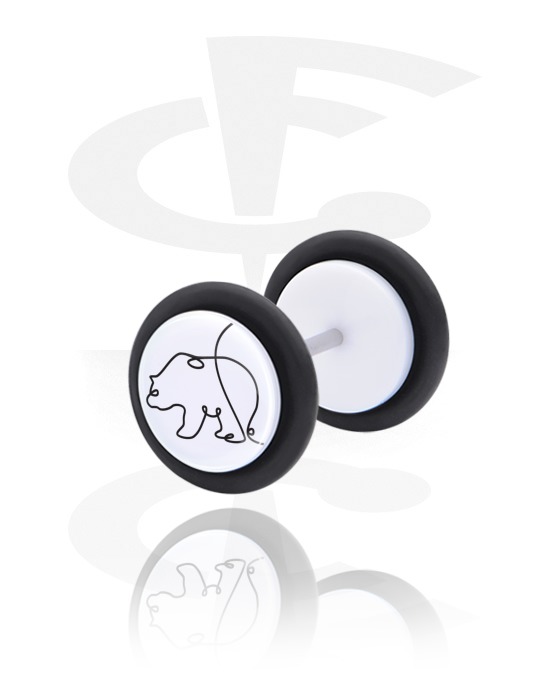 Fake Piercings, White Fake Plug with One Line Animal, Acrylic, Surgical Steel 316L