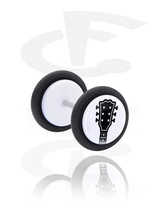 Fake Piercings, White Fake Plug with Guitar Design, Acrylic, Surgical Steel 316L