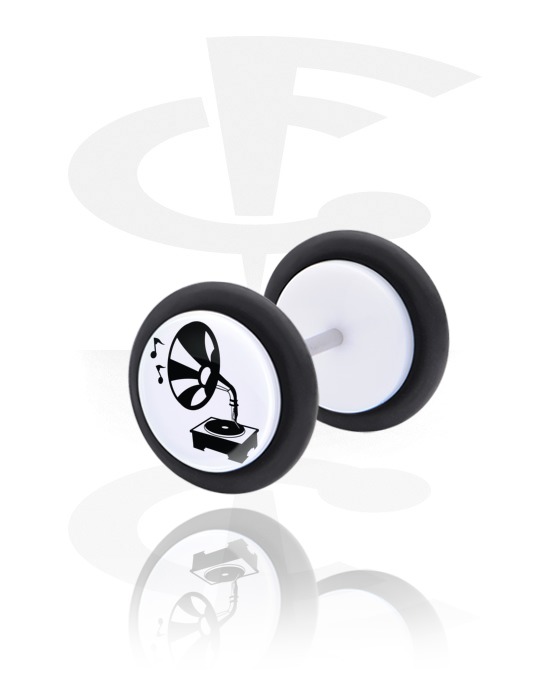 Fake Piercings, White Fake Plug with Record Player Design, Acrylic, Surgical Steel 316L