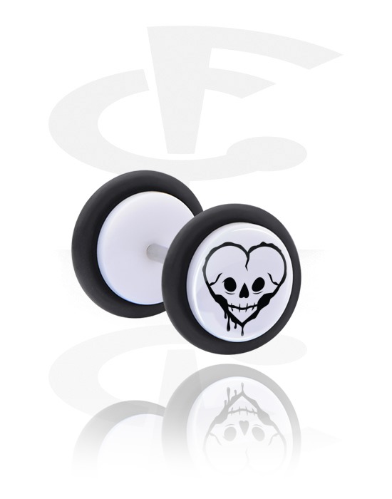 Fake Piercings, White Fake Plug with Freaky Skull, Acrylic, Surgical Steel 316L