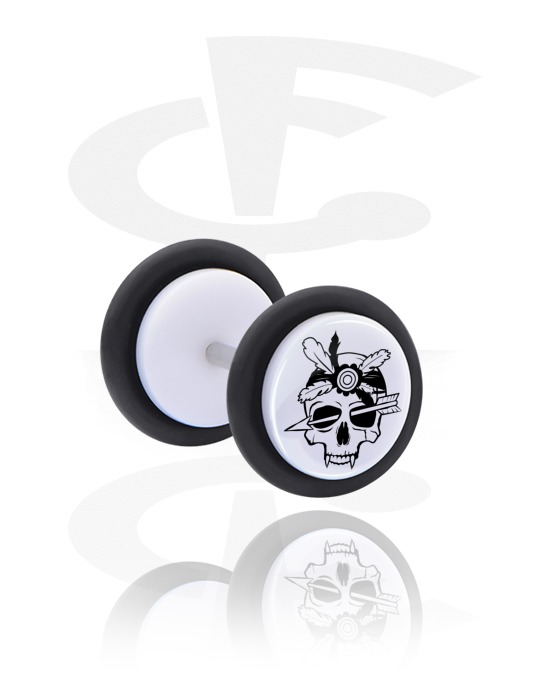 Fake Piercings, White Fake Plug with Freaky Skull, Acrylic, Surgical Steel 316L