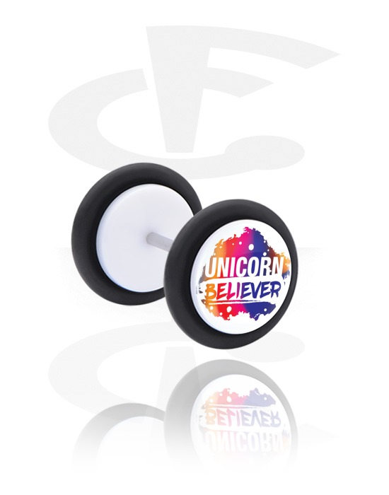 Fake Piercings, White Fake Plug with Magical Unicorn Thought, Acrylic, Surgical Steel 316L