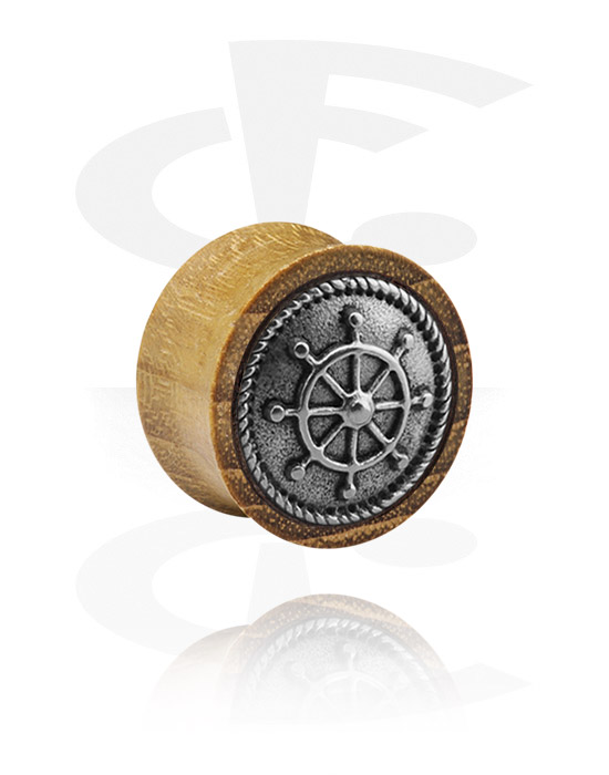 Tunnels & Plugs, Double flared plug (wood) with steel inlay "boat's steering wheel", Wood
