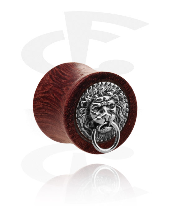 Tunnels & Plugs, Double flared plug (wood) with steel inlay "lion", Wood