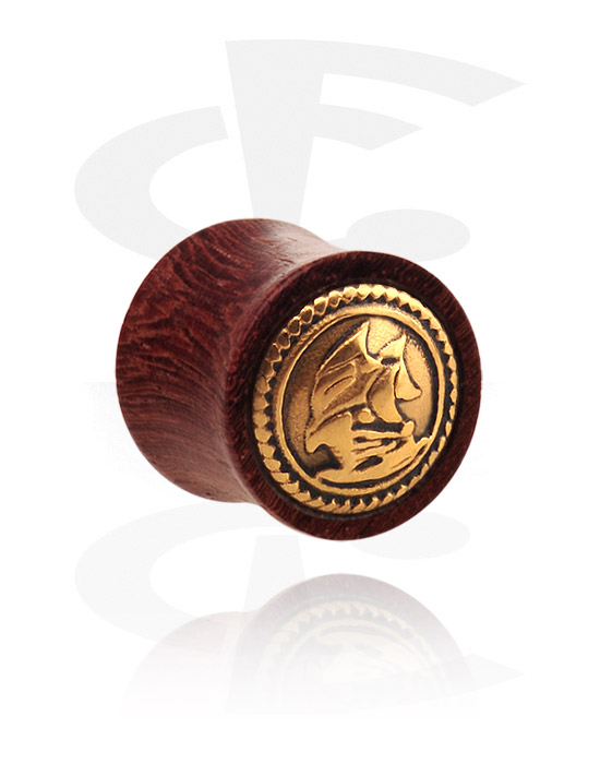 Tunnels & Plugs, Double flared plug (wood) with steel inlay "ship", Wood