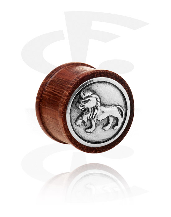 Tunnels & Plugs, Double flared plug (wood) with steel inlay "lion", Wood