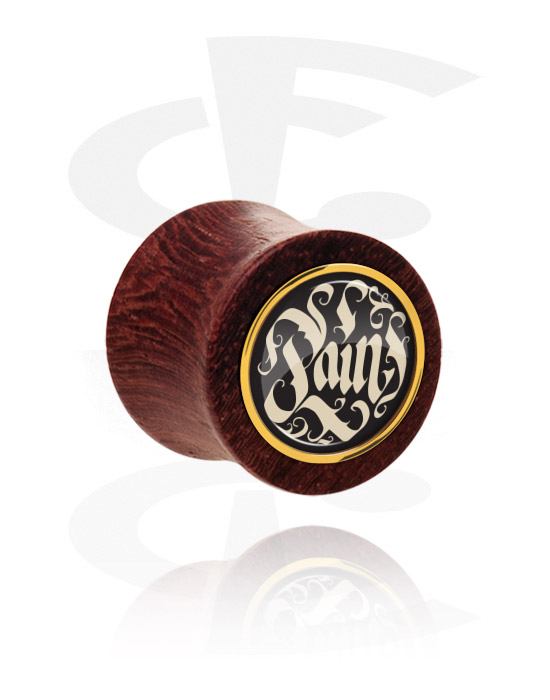Tunnels & Plugs, Double flared plug (wood) with "pain" lettering, Mahogany Wood