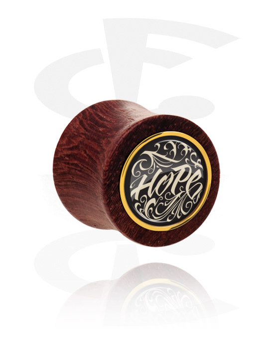 Tunnels & Plugs, Double flared plug (wood) with "Hope" lettering, Mahogany Wood