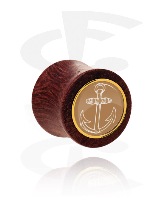 Tunnels & Plugs, Double flared plug (wood) with inlay with anchor design, Mahogany Wood