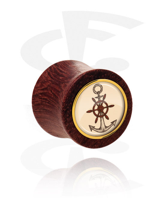 Tunnels & Plugs, Double flared plug (wood) with inlay with anchor design, Mahogany Wood