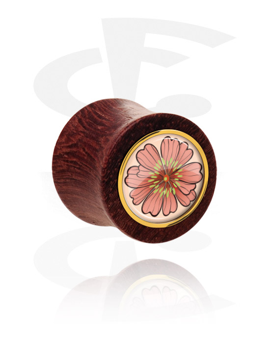 Tunnels & Plugs, Double flared plug (wood) with flower design, Mahogany Wood