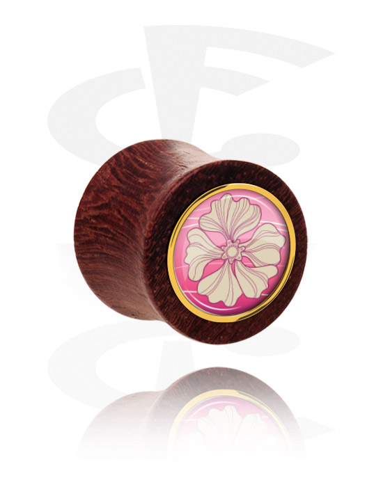 Tunnels & Plugs, Double flared plug (wood) with flower design, Mahogany Wood