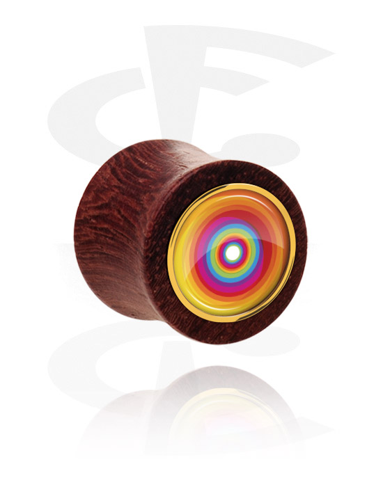 Tunnlar & Pluggar, Double flared plug (wood) med inlay with colourful circles, Mahogny