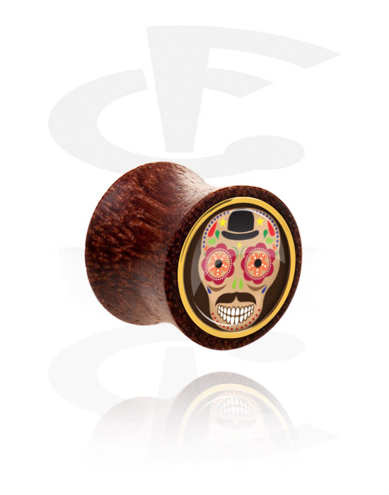 Tunely & plugy, Plug s rozšírenými koncami (drevo) s dizajnom farebná cukrová lebka „Dia de Los Muertos“, Mahagónové drevo