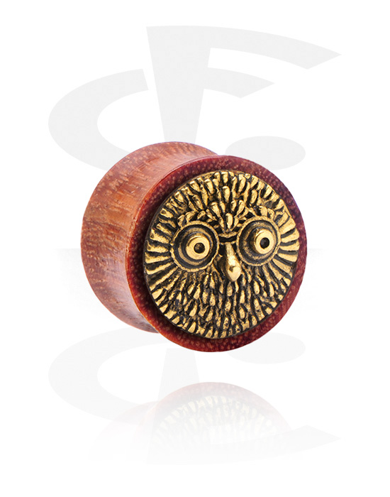 Tunnels & Plugs, Double flared tunnel (wood) with steel inlay "owl", Mahogany Wood