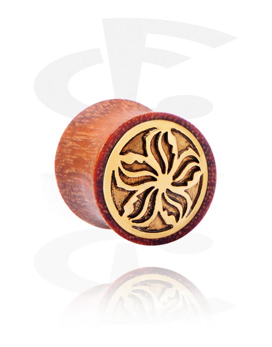 Tunnels & Plugs, Double flared plug (wood) with steel inlay "flower", Mahogany Wood