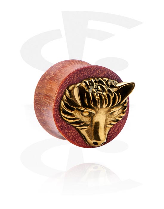 Tunnels & Plugs, Double flared plug (hout) met wolf-motief, Mahogany