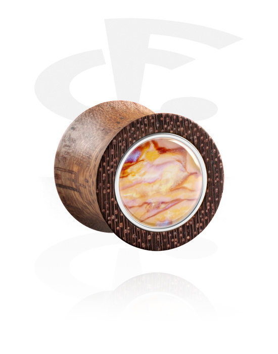 Tunely & plugy, Plug s rozšířenými konci (dřevo) s vložkou v různých barvách, Mahagonové dřevo