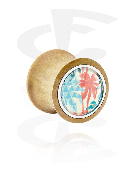 Tunnels & Plugs, Double flared plug (wood) with inlay with palm tree design, Teakwood