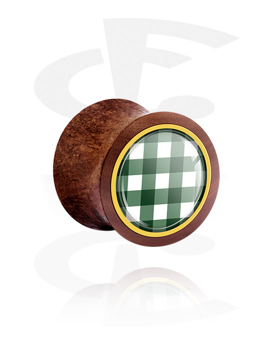 Tunnels & Plugs, Double flared plug (wood) with checkered pattern, Mahogany Wood