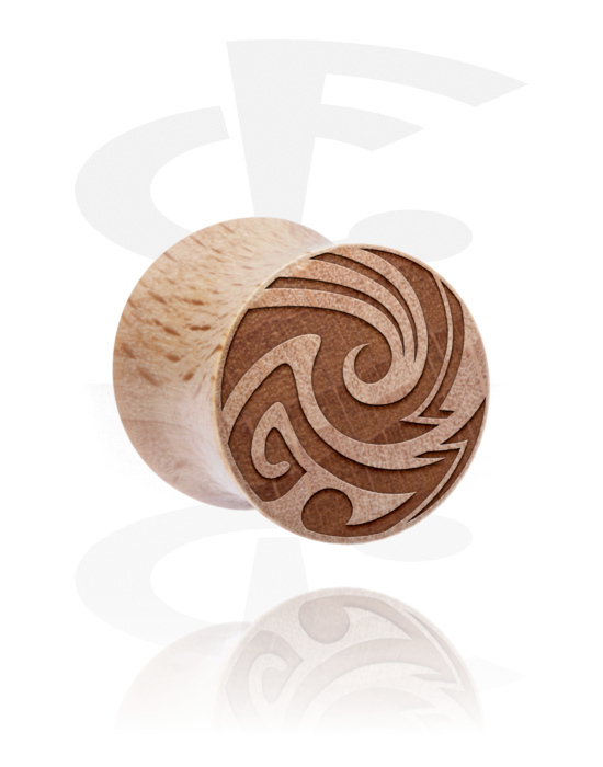 Tunnels & Plugs, Double flared plug (hout) met tribal-motief, Hout