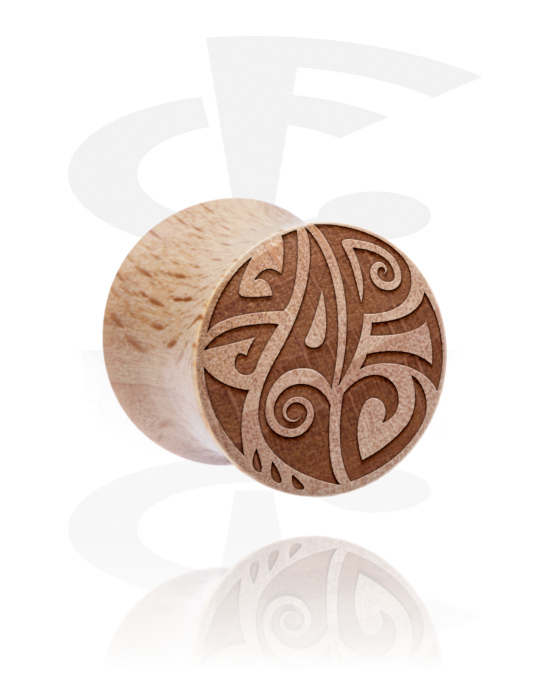 Tunnels & Plugs, Double flared plug (hout) met tribal-motief, Hout