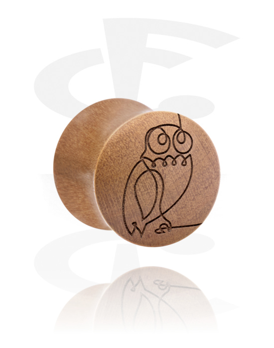 Tunnels & Plugs, Double flared plug (wood) with laser engraving "one line design owl", Wood