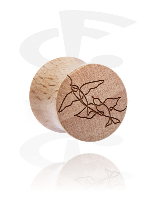 Tunnels & Plugs, Double flared plug (wood) with laser engraving "one line design birds", Wood