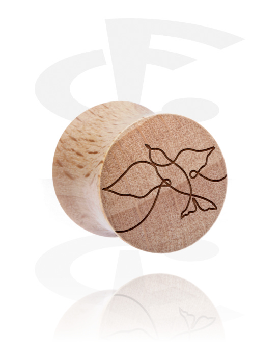 Tunnels & Plugs, Double flared plug (wood) with laser engraving "one line design birds", Wood