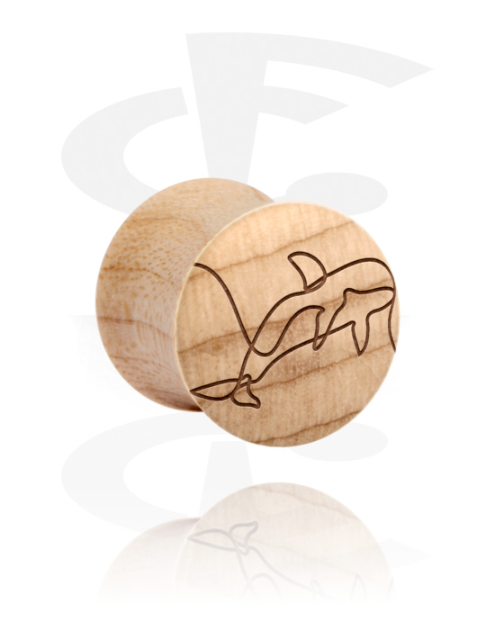Tunnels & Plugs, Double flared plug (wood) with laser engraving "one line design orca", Wood